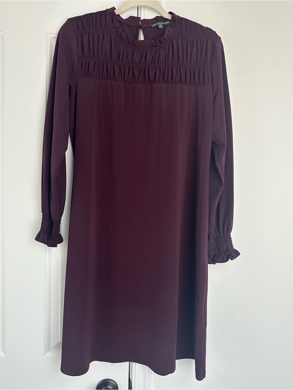 Adrianna Papell Burgundy Long Sleeve Smocked Yoke Dress Medium new without tags